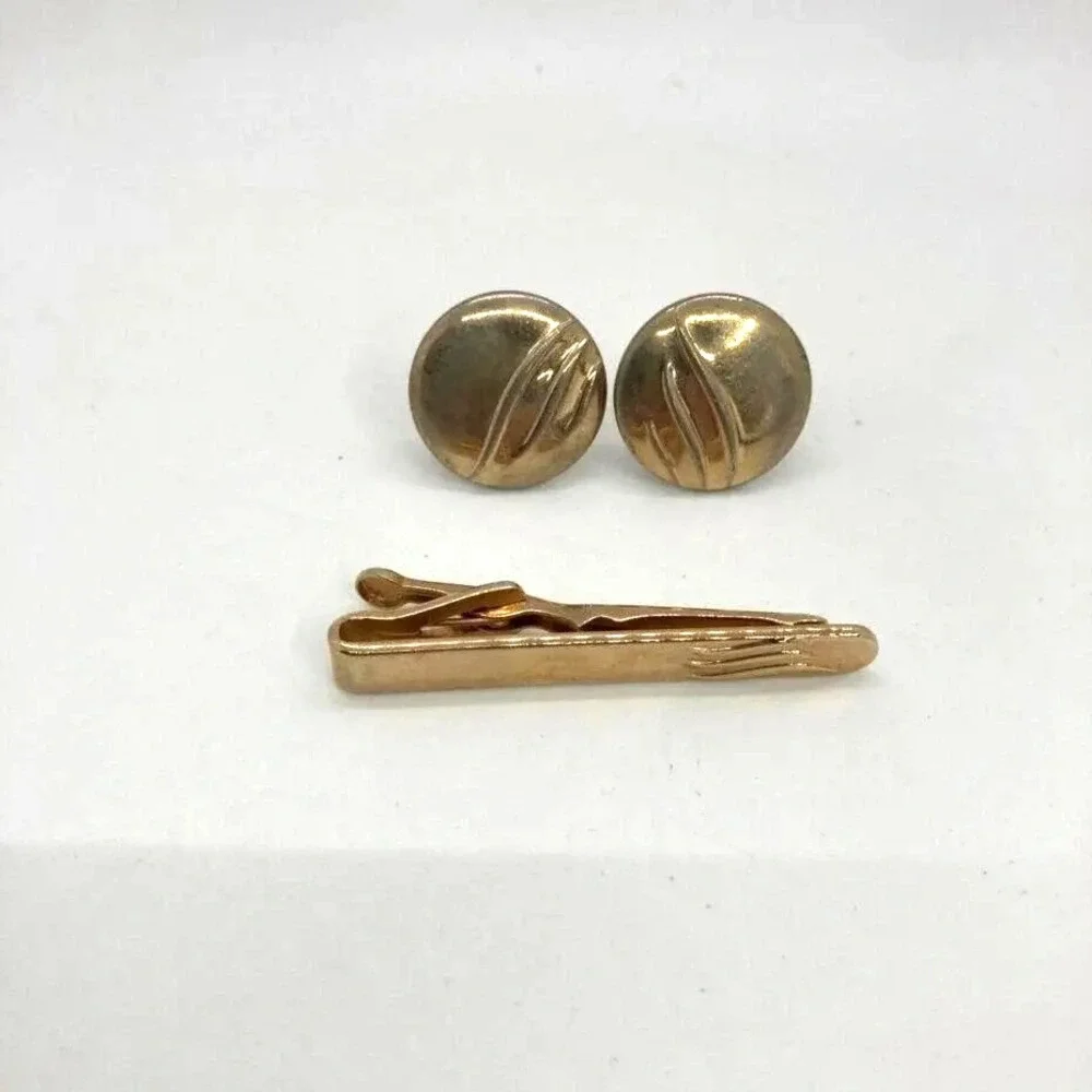 Vintage Swank Gold Tone‎ Cufflinks Tie Clip Set Mens Round Wave Design Jewelry